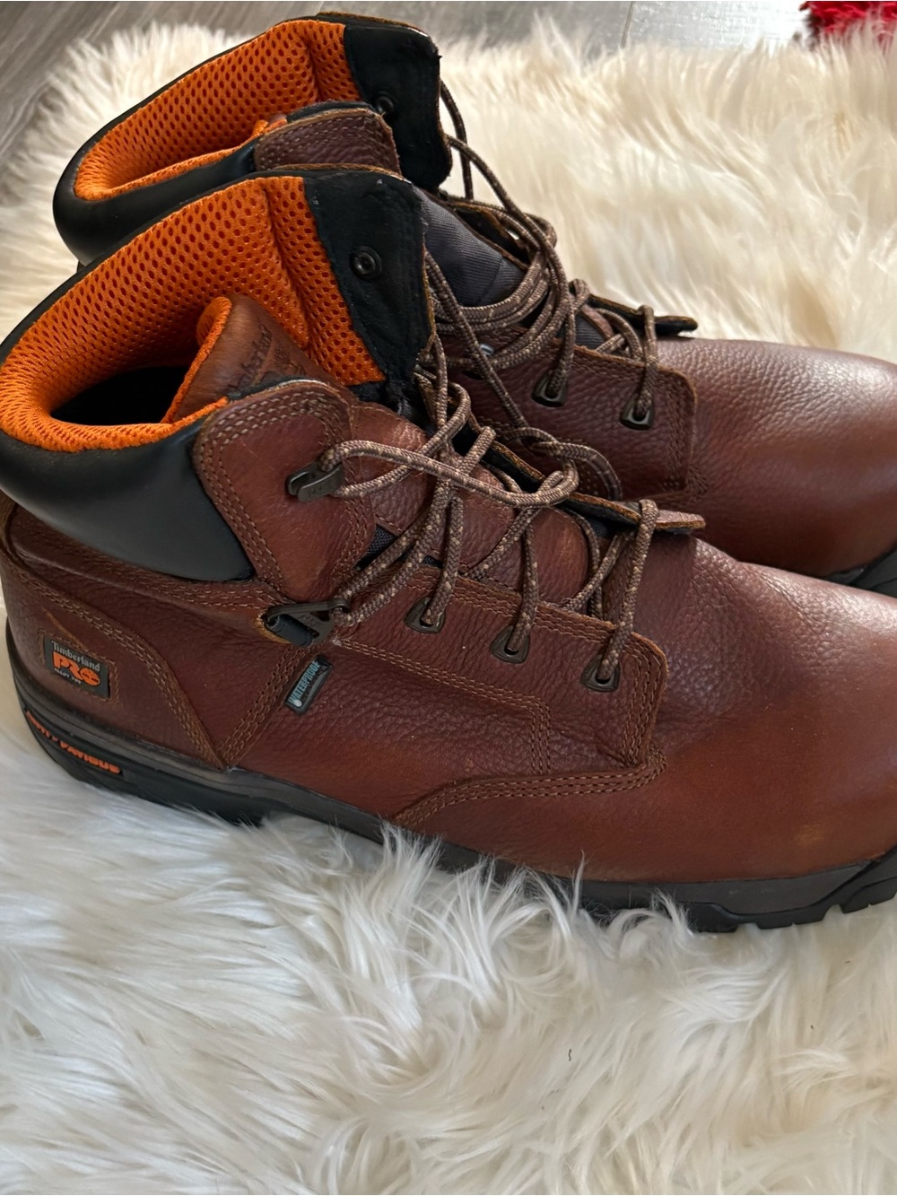 Timberland Brown Leather Work Boots with Orange Mesh Collar Size 14.